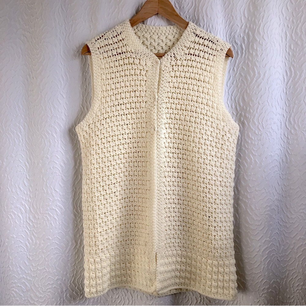 Handmade White Cream Crocheted Textured Sleevless Sweater Shawl Cardigan